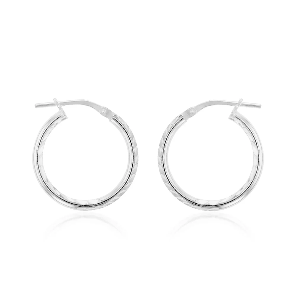 Sterling Silver Diamond Cut 15mm Hoop Earrings