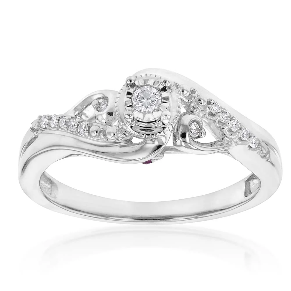 Sterling Silver Diamond Ring with 11 Diamonds and Pink Sapphire Accents