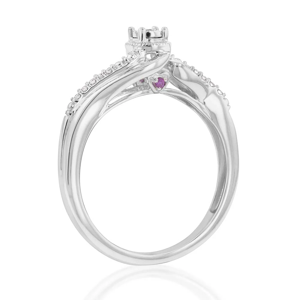 Sterling Silver Diamond Ring with 11 Diamonds and Pink Sapphire Accents - Image 2