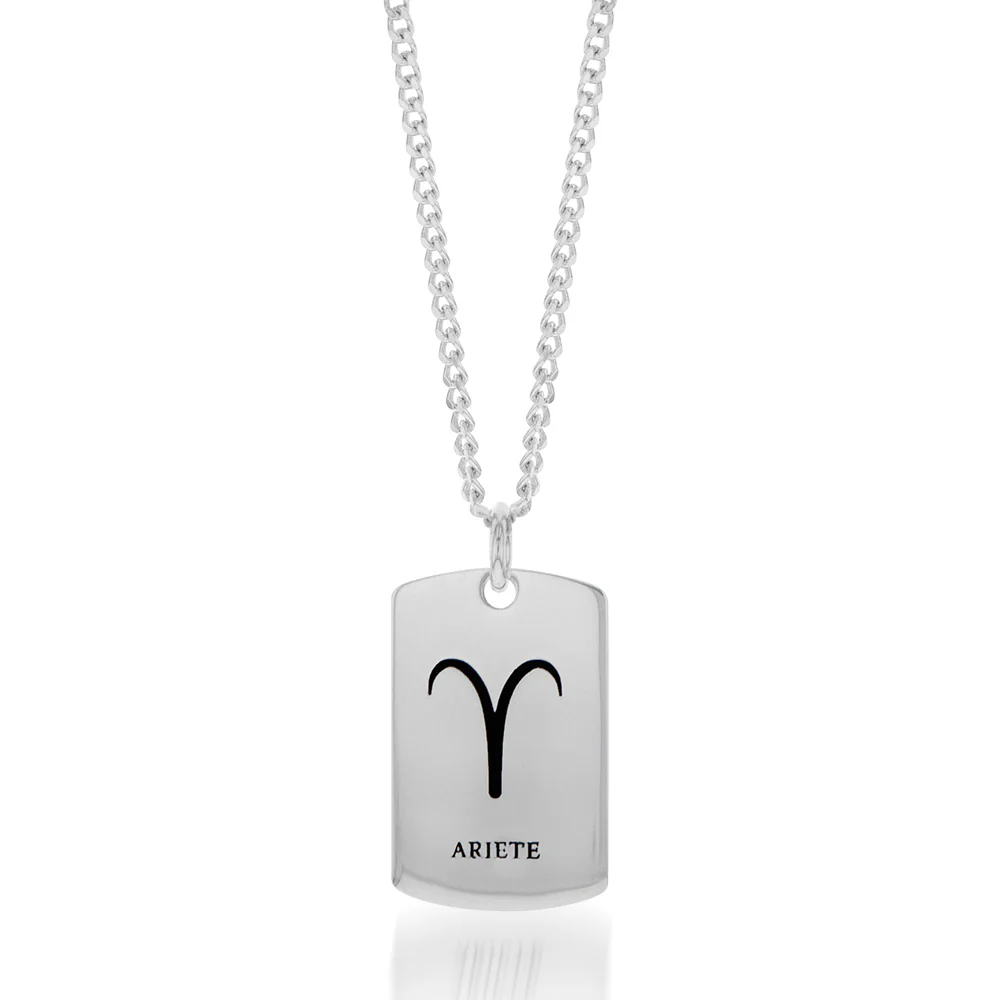 Sterling Silver Dog Tag With Aries Zodiac/Star Sign Pendant