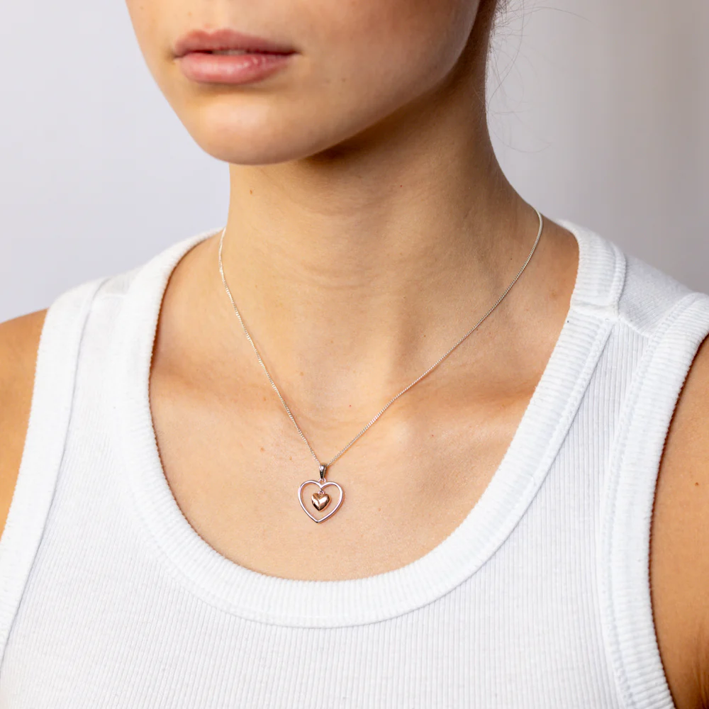 Sterling Silver Double Heart Pendant with Rose Gold Plated Inner Heart - Image 2