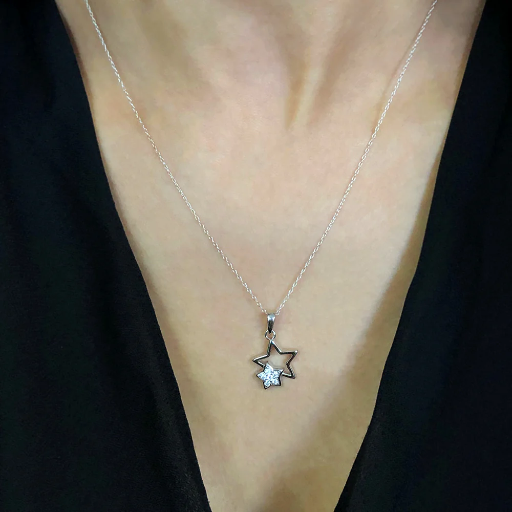 Sterling Silver Double Star Zirconia Pendant - Image 2