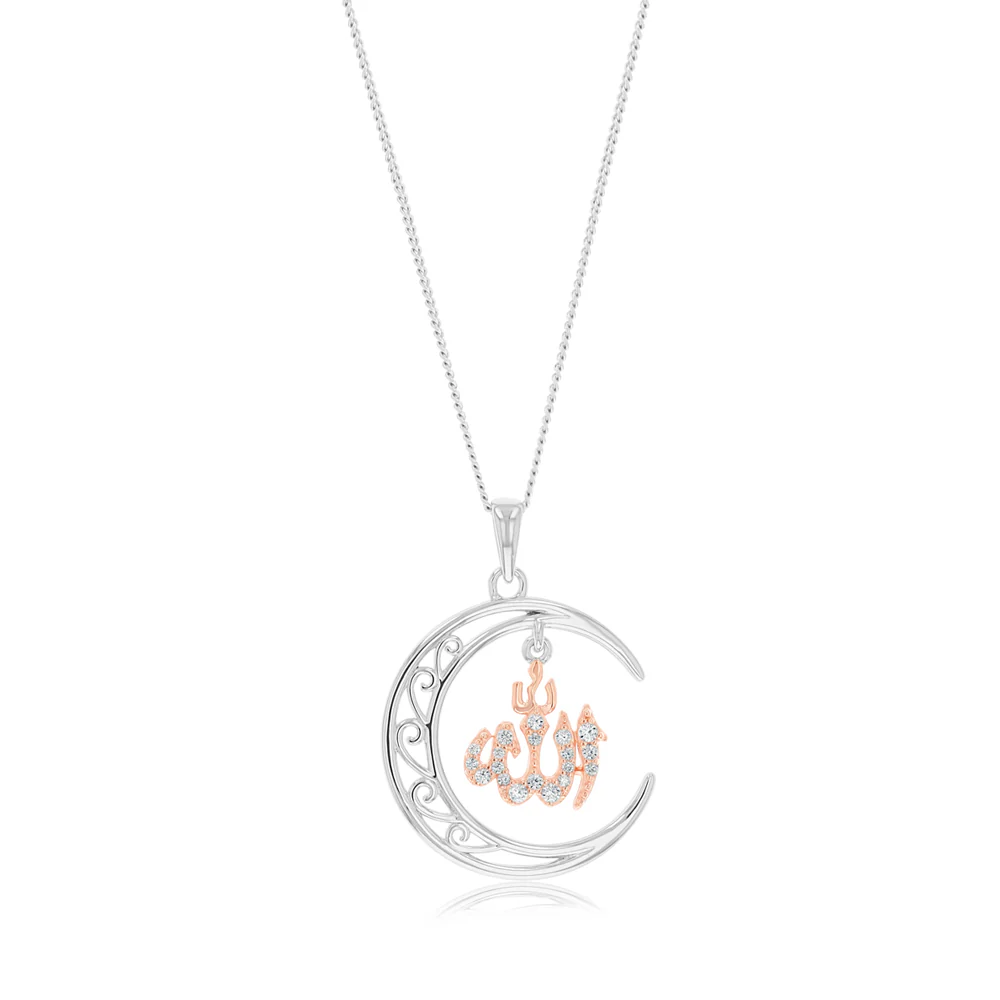 Sterling Silver Filigree Crescent Moon with Rose Gold Plated CZ Allah Pendant