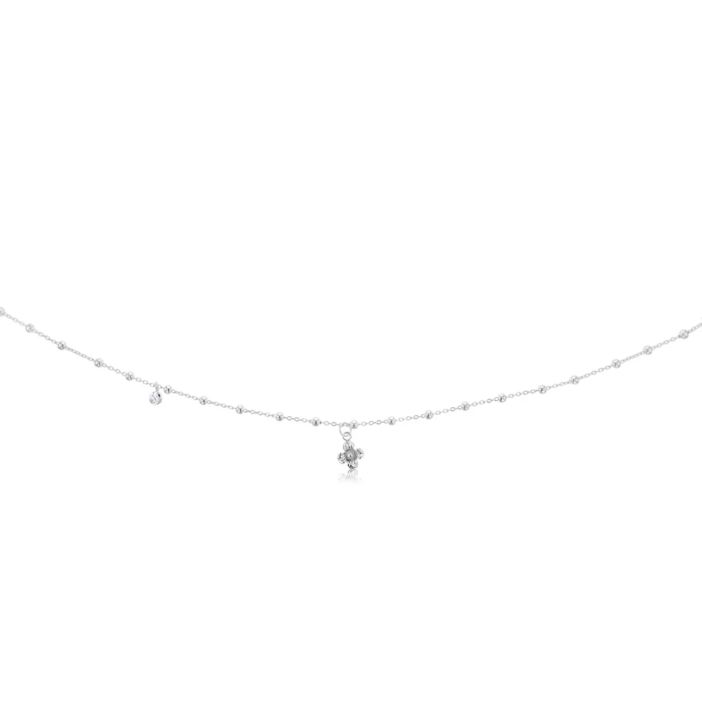 Sterling Silver Flower And Cubic Zirconia Charms On 45cm Balls Chain - Image 2