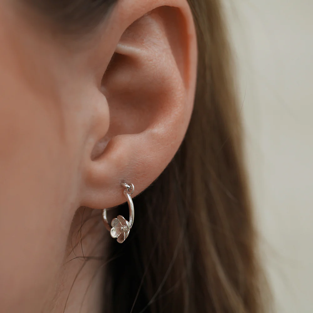 Sterling Silver Flower on Hoop Earrings - Image 2
