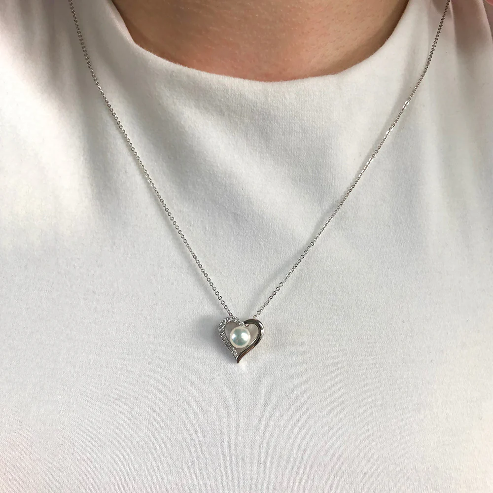 Sterling Silver Freshwater Pearl and Cubic Zirconia Heart Pendant - Image 2