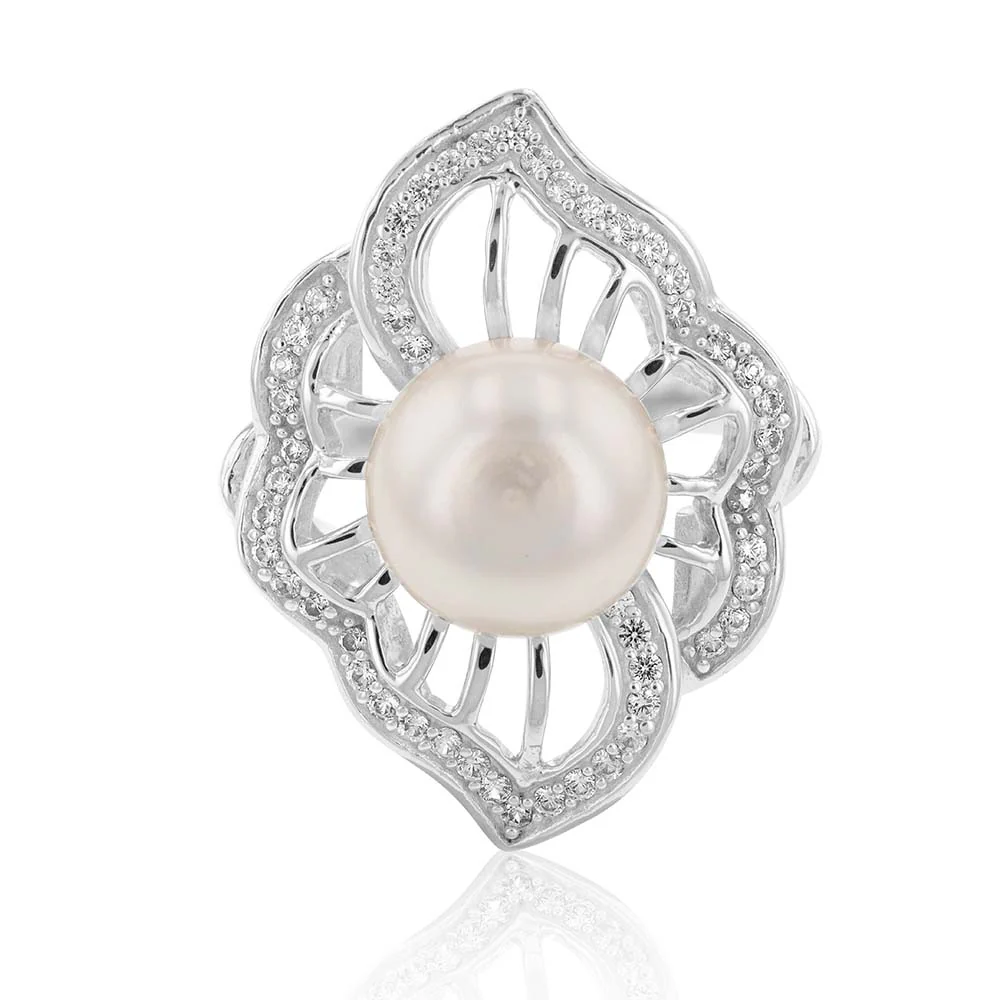 Sterling Silver Freshwater Pearl and White Zircon Fancy Ring