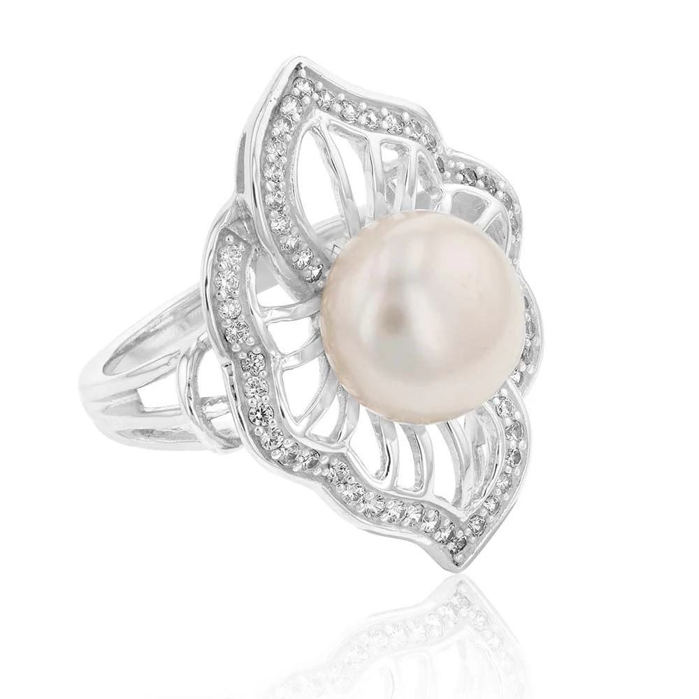 Sterling Silver Freshwater Pearl and White Zircon Fancy Ring - Image 3