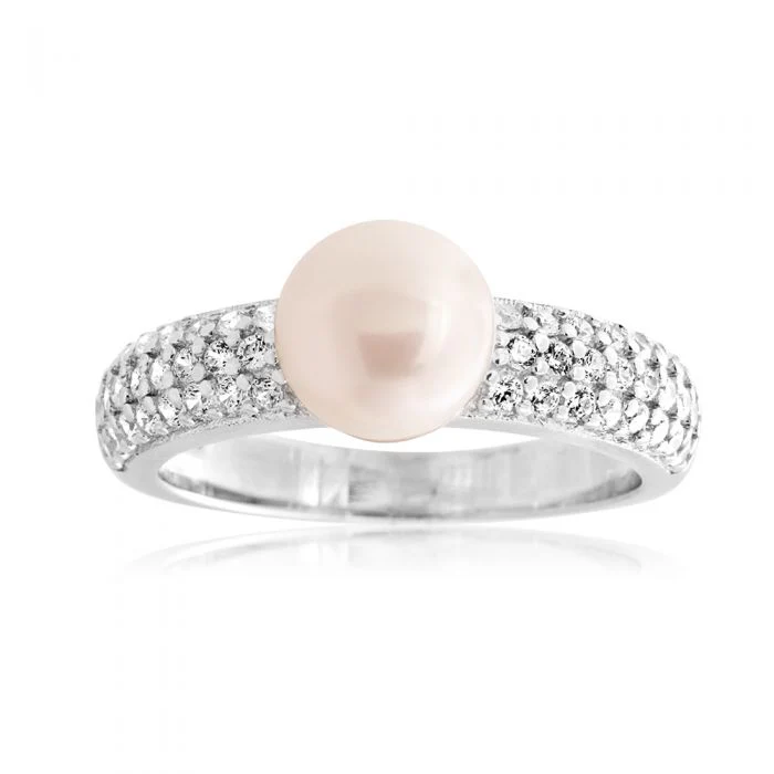 Sterling Silver Freshwater Pearl Cubic Zirconia Ring *No Resize*
