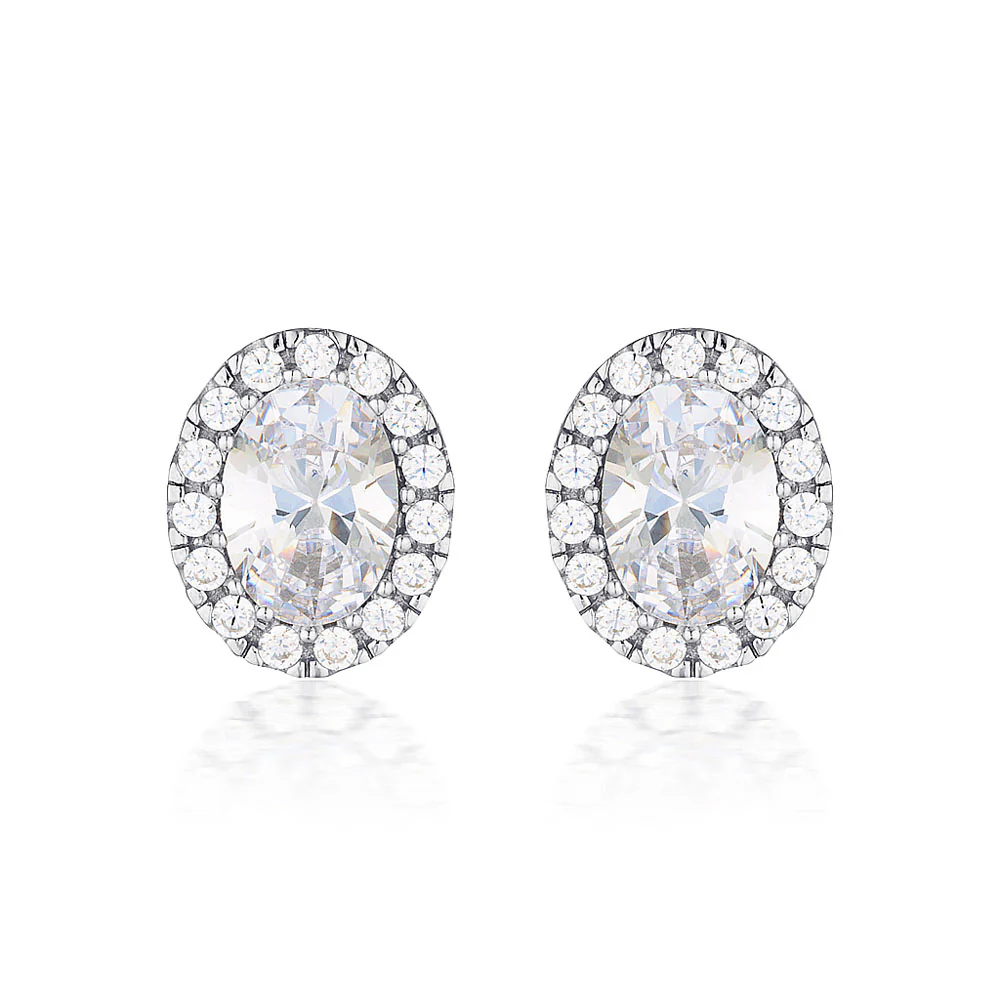 Sterling Silver Georgini Zirconia Halo Oval Stud Earrings