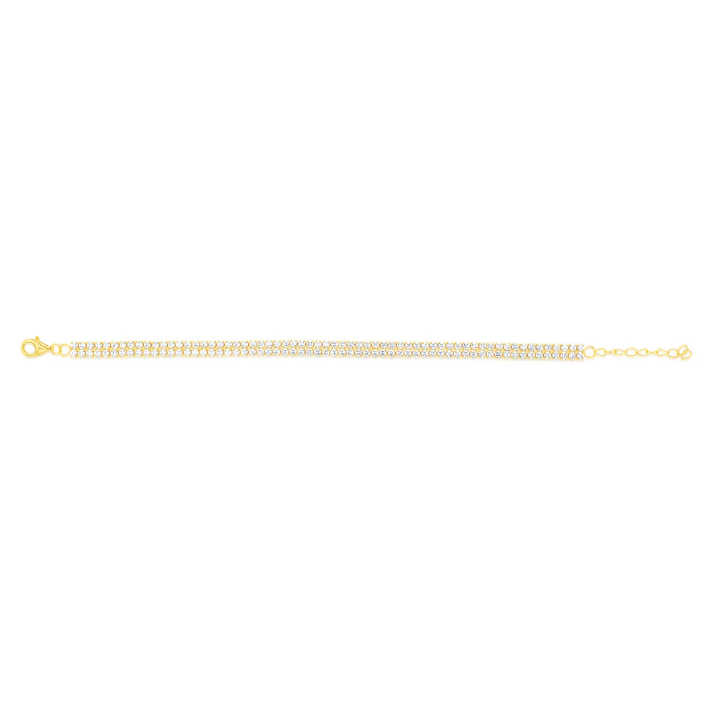 Sterling Silver Gold Plated 2mm Cubic Zirconia Double Row 16+3cm Tennis Bracelet - Image 2