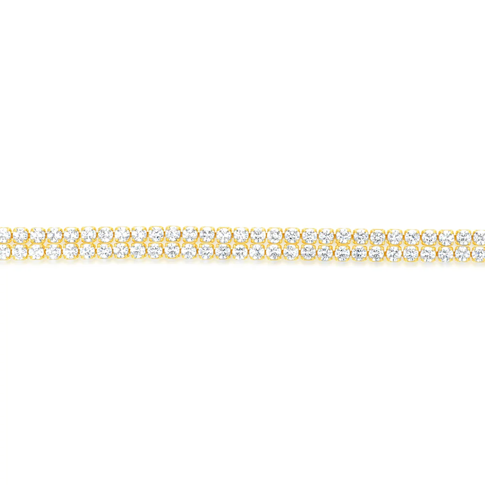 Sterling Silver Gold Plated 2mm Cubic Zirconia Double Row 16+3cm Tennis Bracelet - Image 3