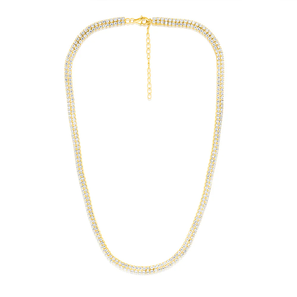 Sterling Silver Gold Plated 2mm Cubic Zirconia Two Row 40+5cm Tennis Chain