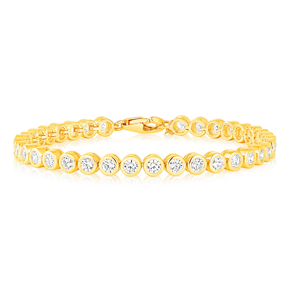 Sterling Silver Gold Plated 3mm Bezel White Cubic Zirconia 16+3cm Bracelet