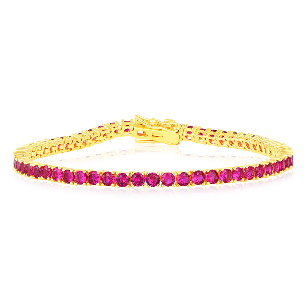 Sterling Silver Gold Plated 3mm Ruby Colored Cubic Zirconia 19cm Bracelet