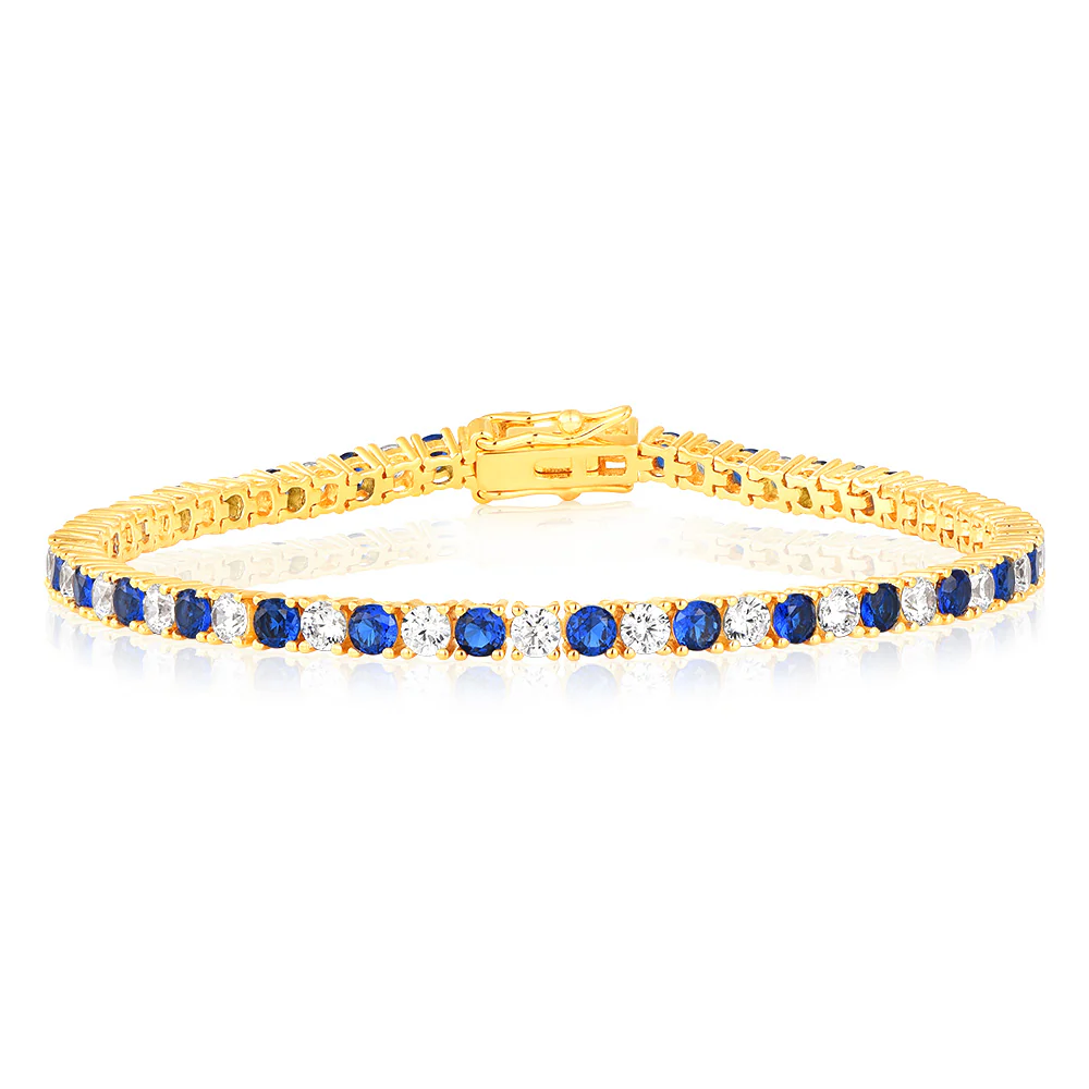 Sterling Silver Gold Plated 3mm White And Sapphire Blue Cubic Zirconia 19cm Bracelet
