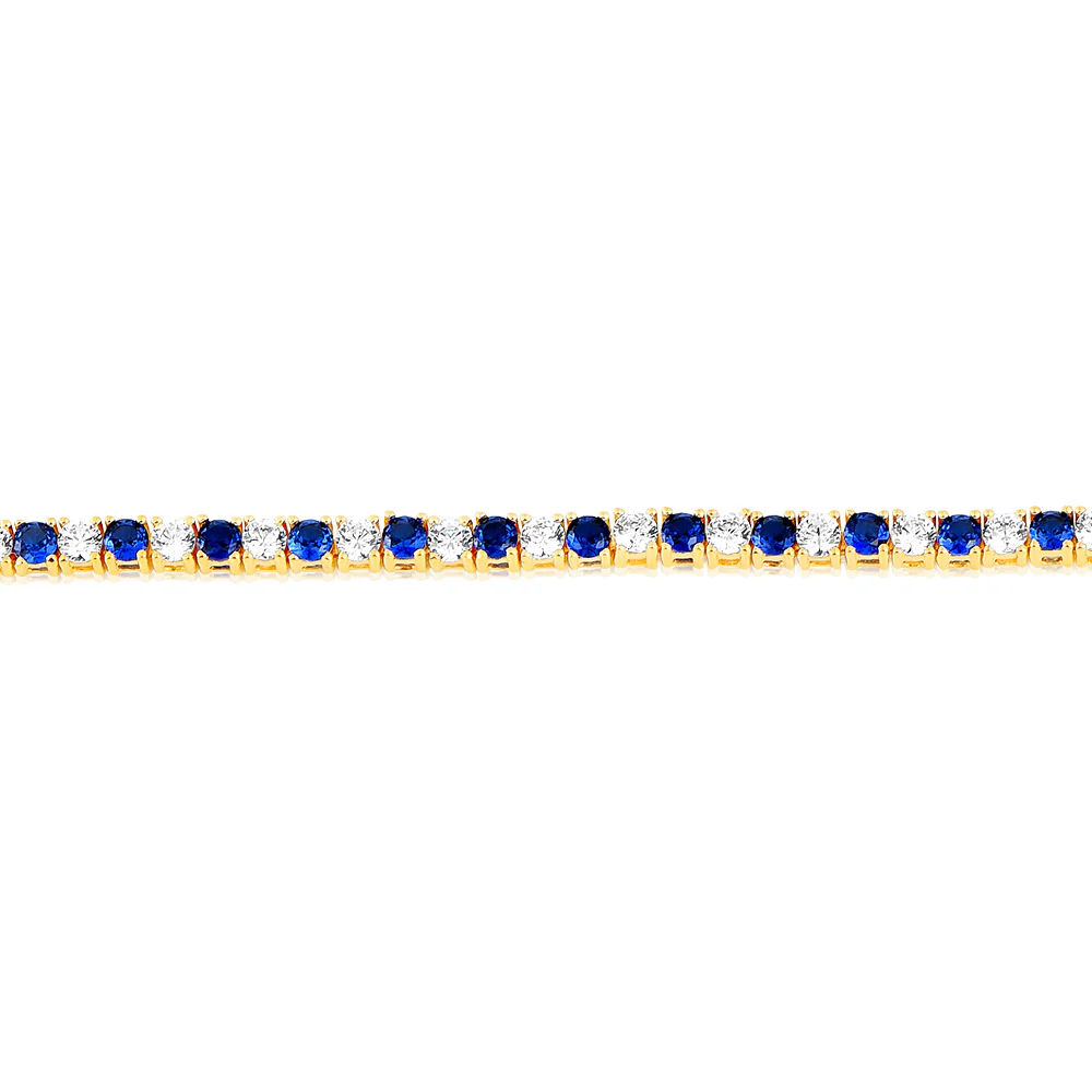Sterling Silver Gold Plated 3mm White And Sapphire Blue Cubic Zirconia 19cm Bracelet - Image 3