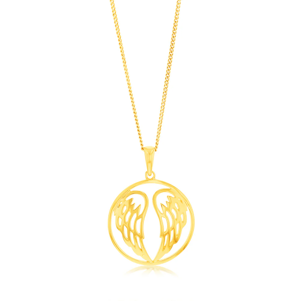 Sterling Silver Gold Plated Angel Wings Round Pendant