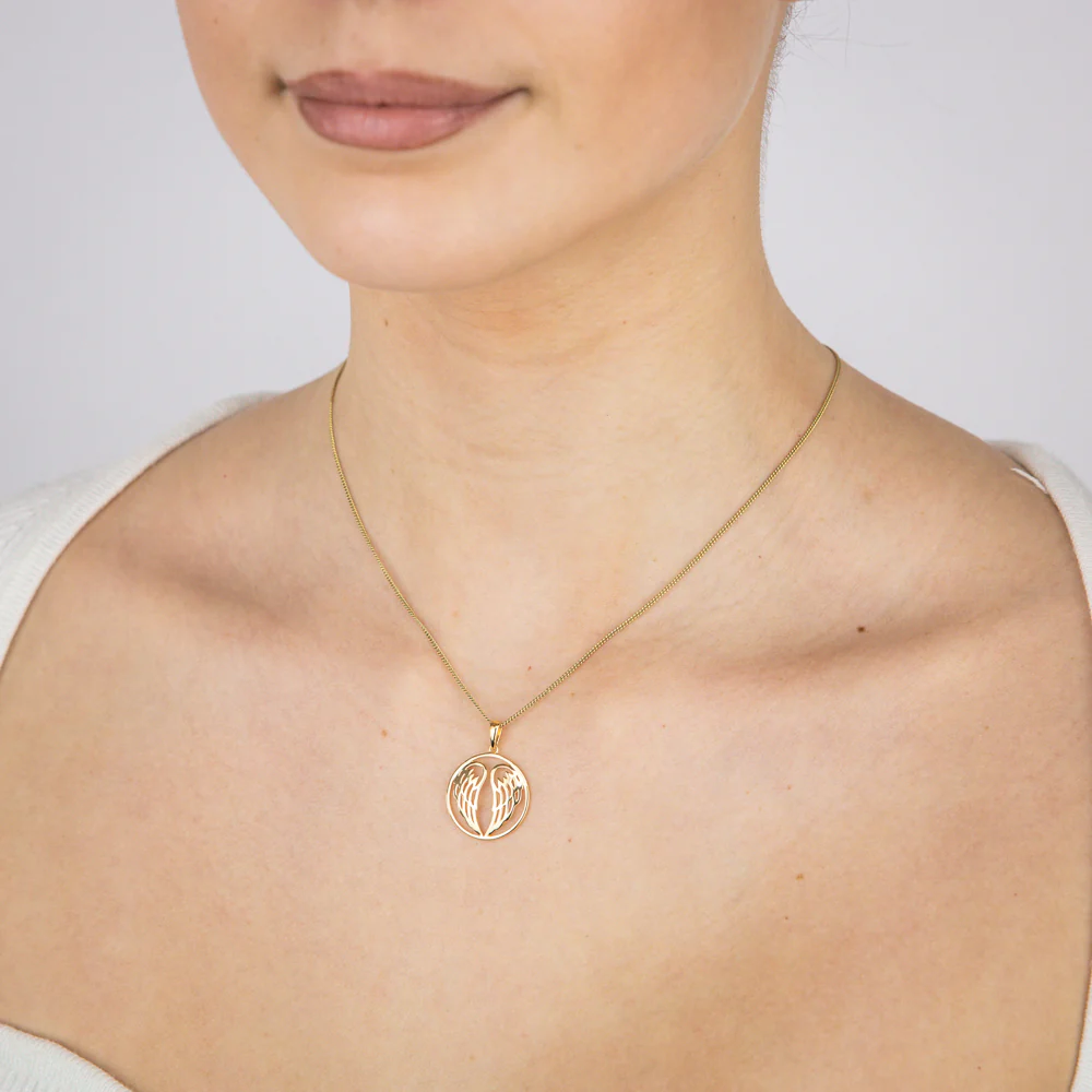 Sterling Silver Gold Plated Angel Wings Round Pendant - Image 2