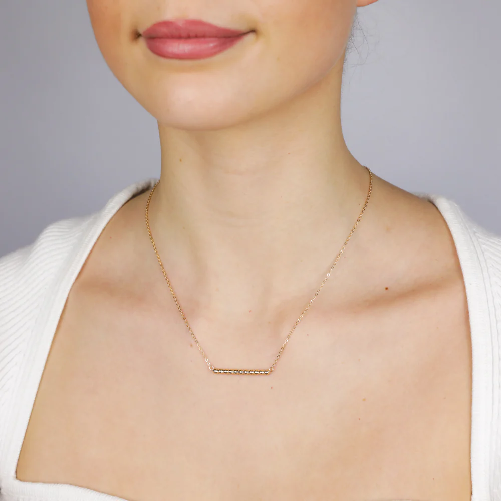 Sterling Silver Gold Plated Beaded Bar Pendant On Chain - Image 2