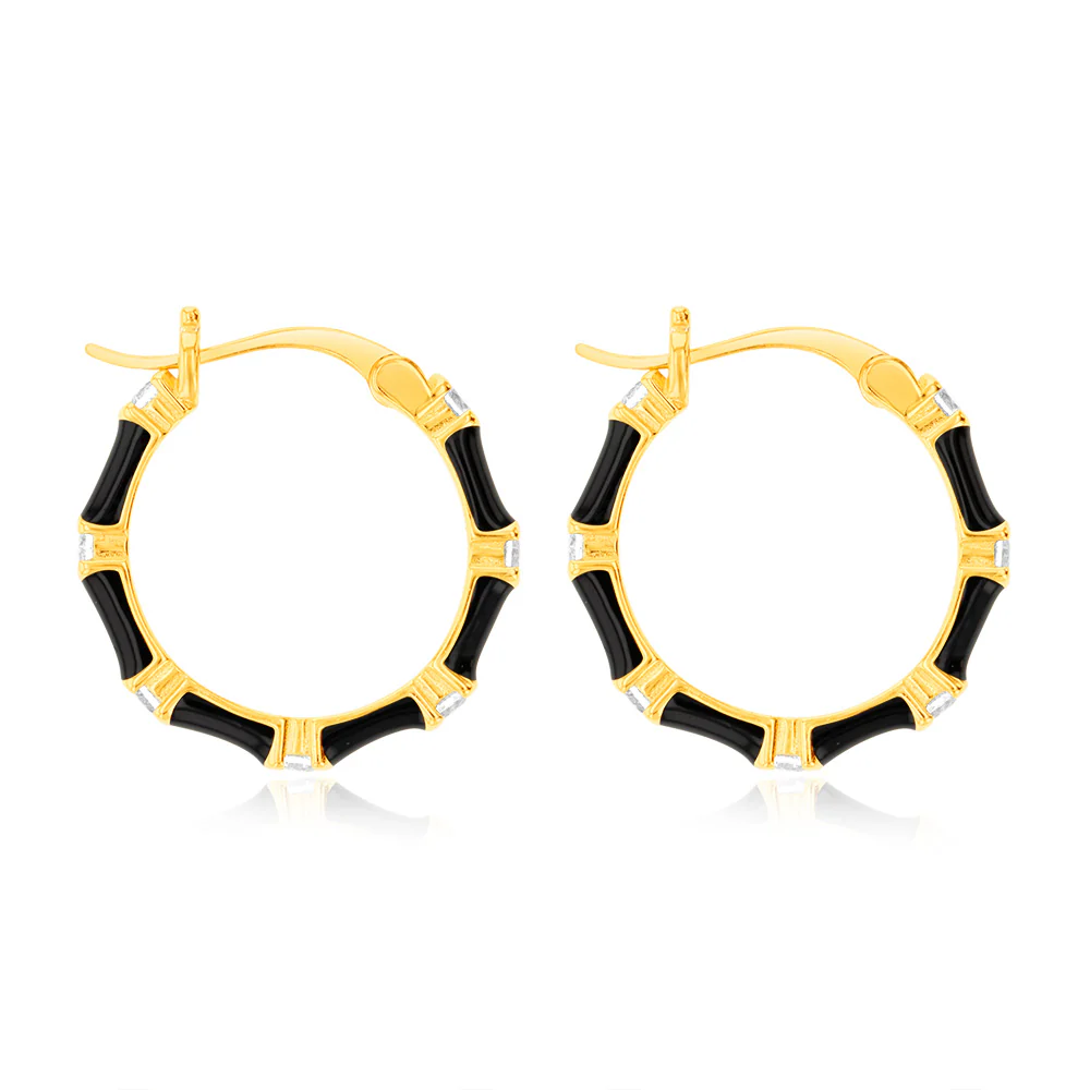 Sterling Silver Gold Plated Black Enamel And Zirconia 20mm Hoop Earrings - Image 2