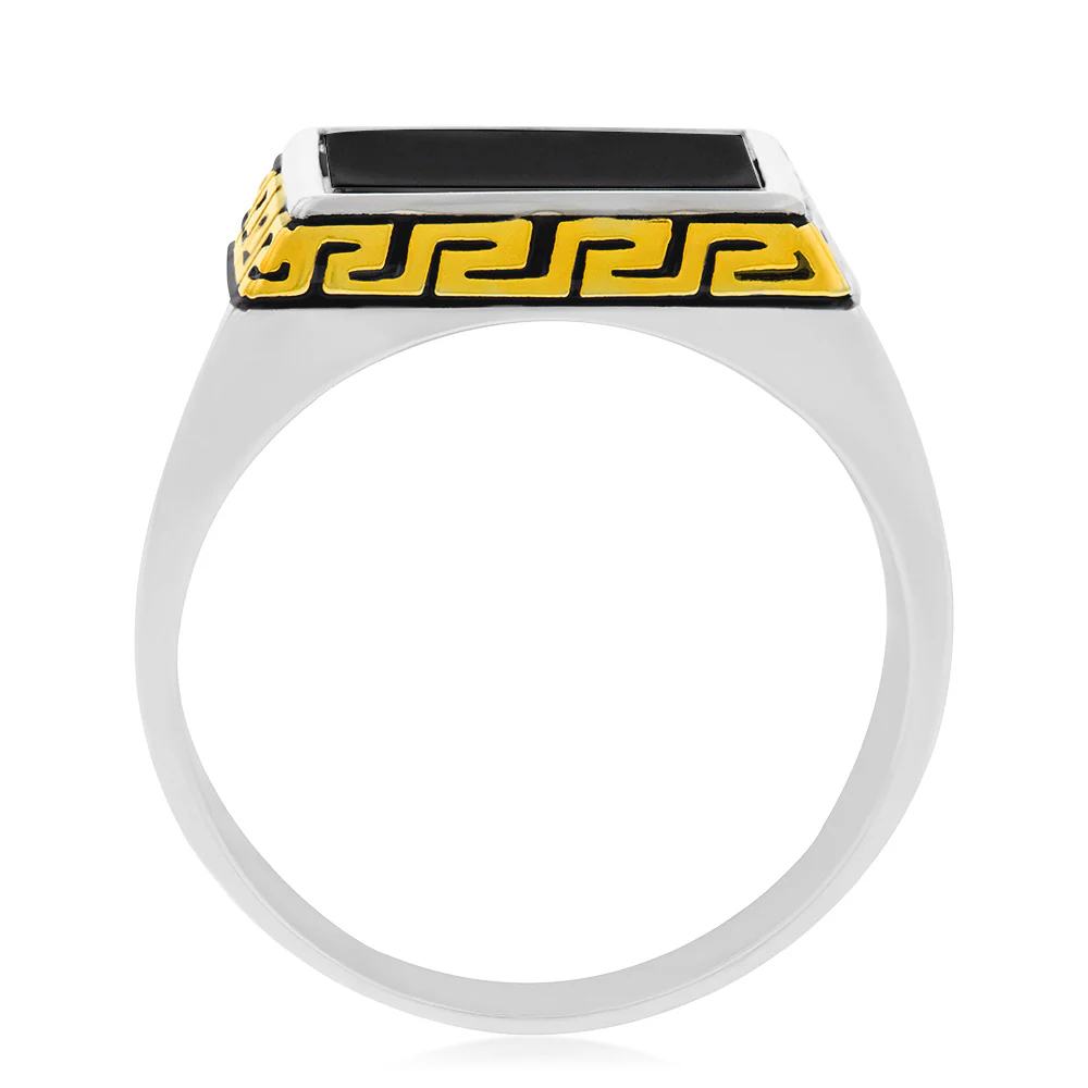 Sterling Silver Gold Plated Black Square Greek Pattern Gents Ring - Image 2