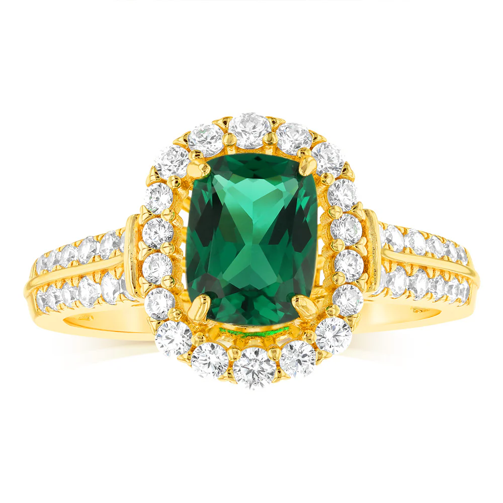 Sterling Silver Gold Plated Created Emerald And White Zirconia Fancy Ring