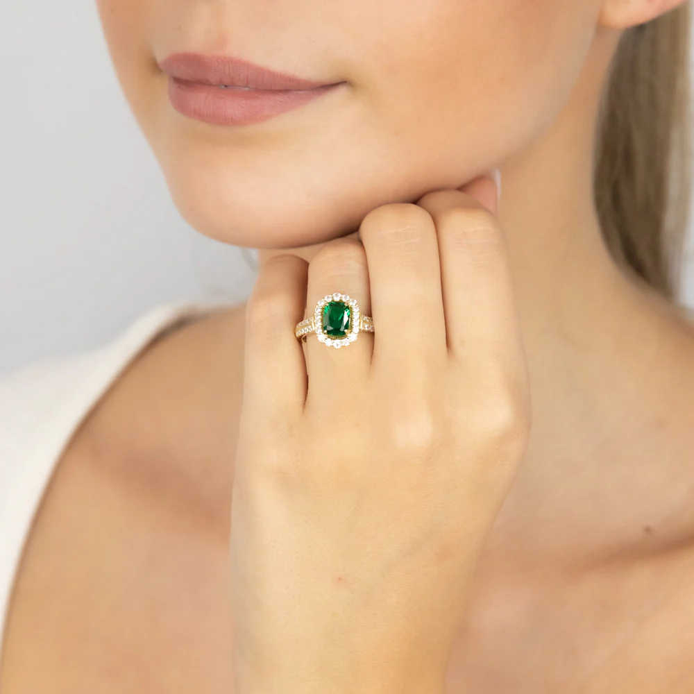 Sterling Silver Gold Plated Created Emerald And White Zirconia Fancy Ring - Image 3