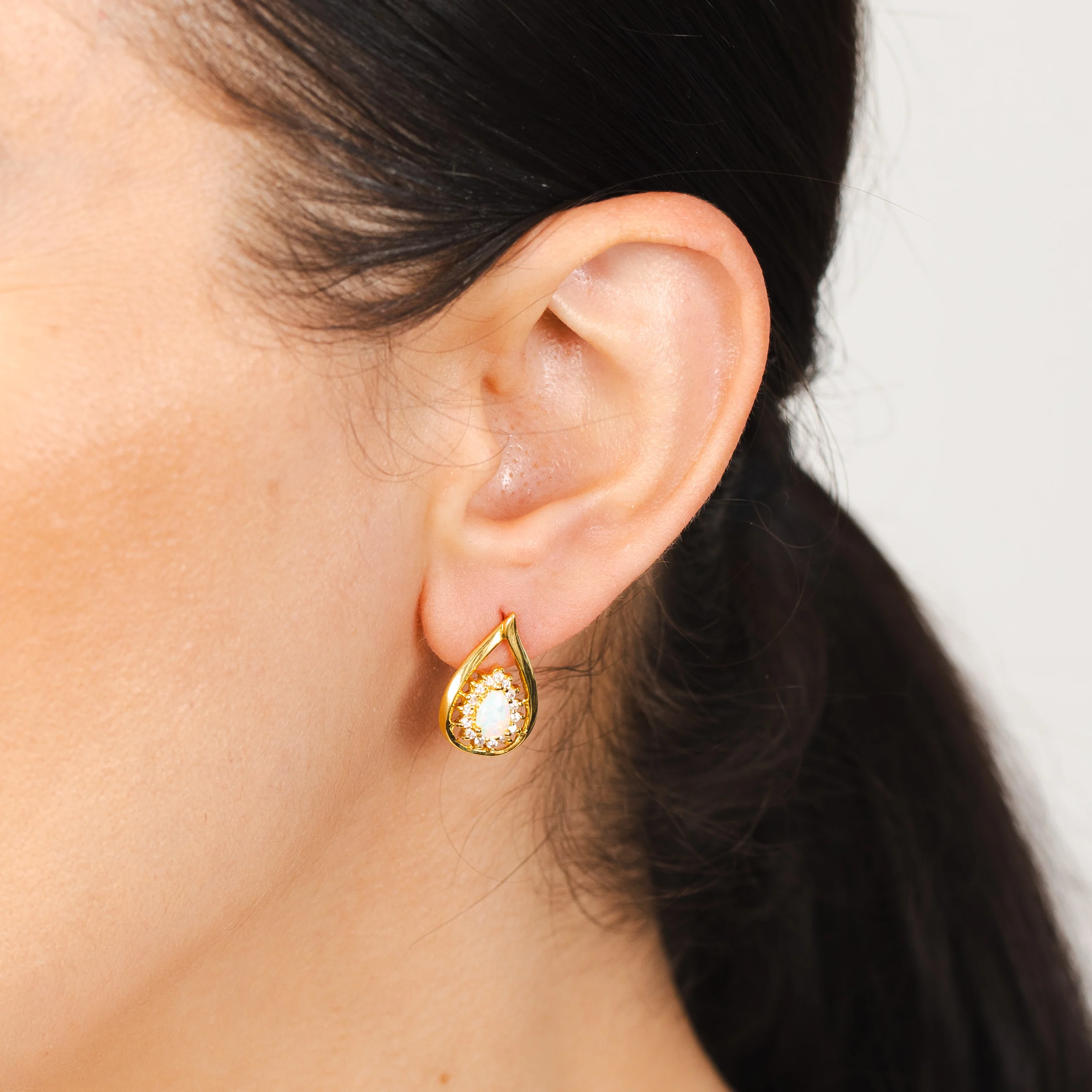 Sterling Silver Gold Plated Created Opal Cubic Zirconia Pear Shaped Drop Earrings - Image 2