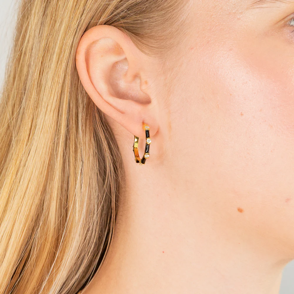 Sterling Silver Gold Plated Cubic Zirconia Black Enamel Creole Earrings - Image 2