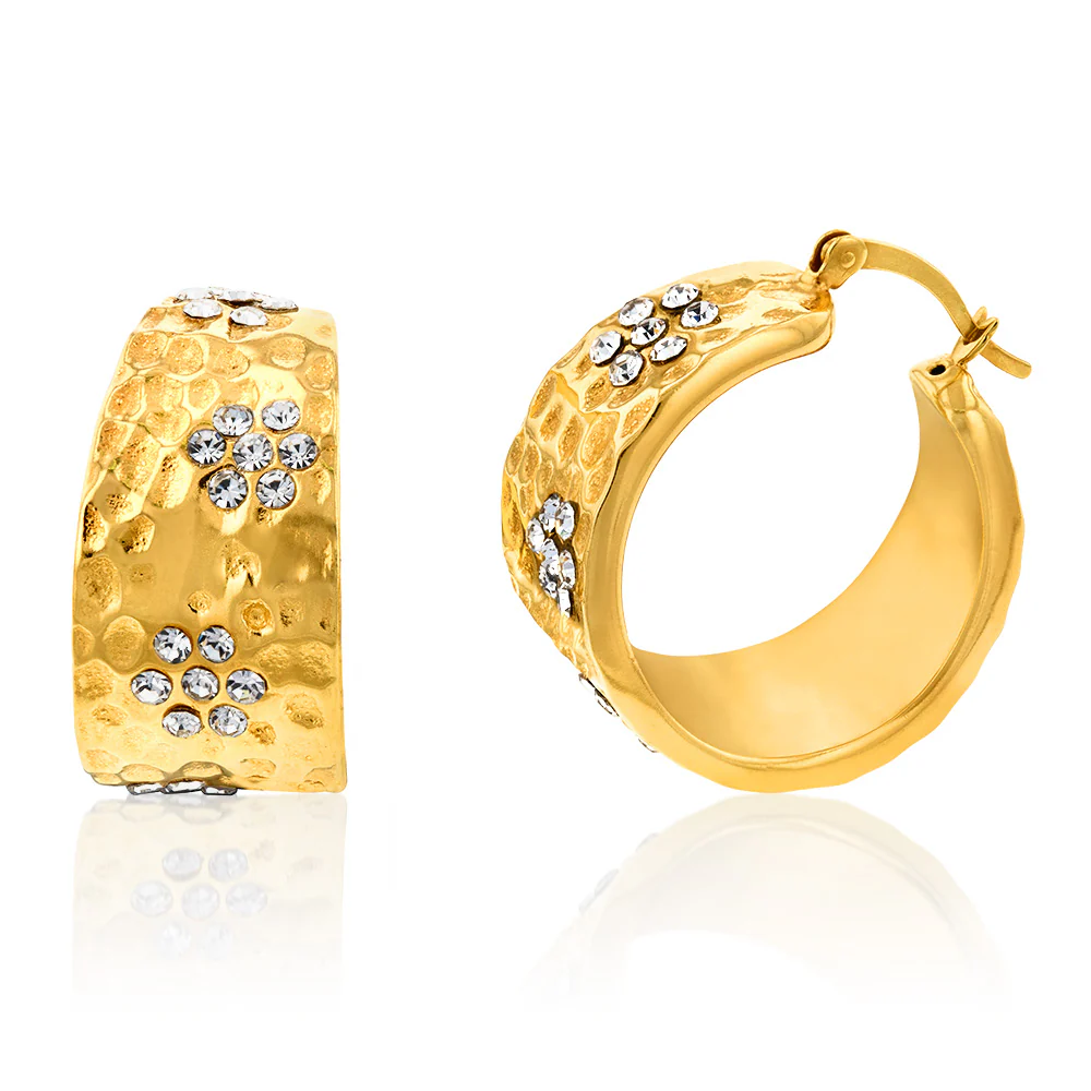 Sterling Silver Gold Plated Cubic Zirconia Broad Hoop Earrings