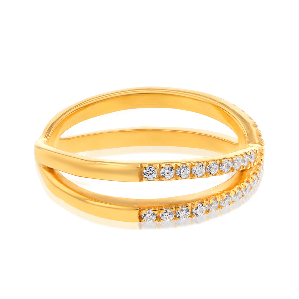 Sterling Silver Gold Plated Cubic Zirconia Cross Over Ring - Image 2