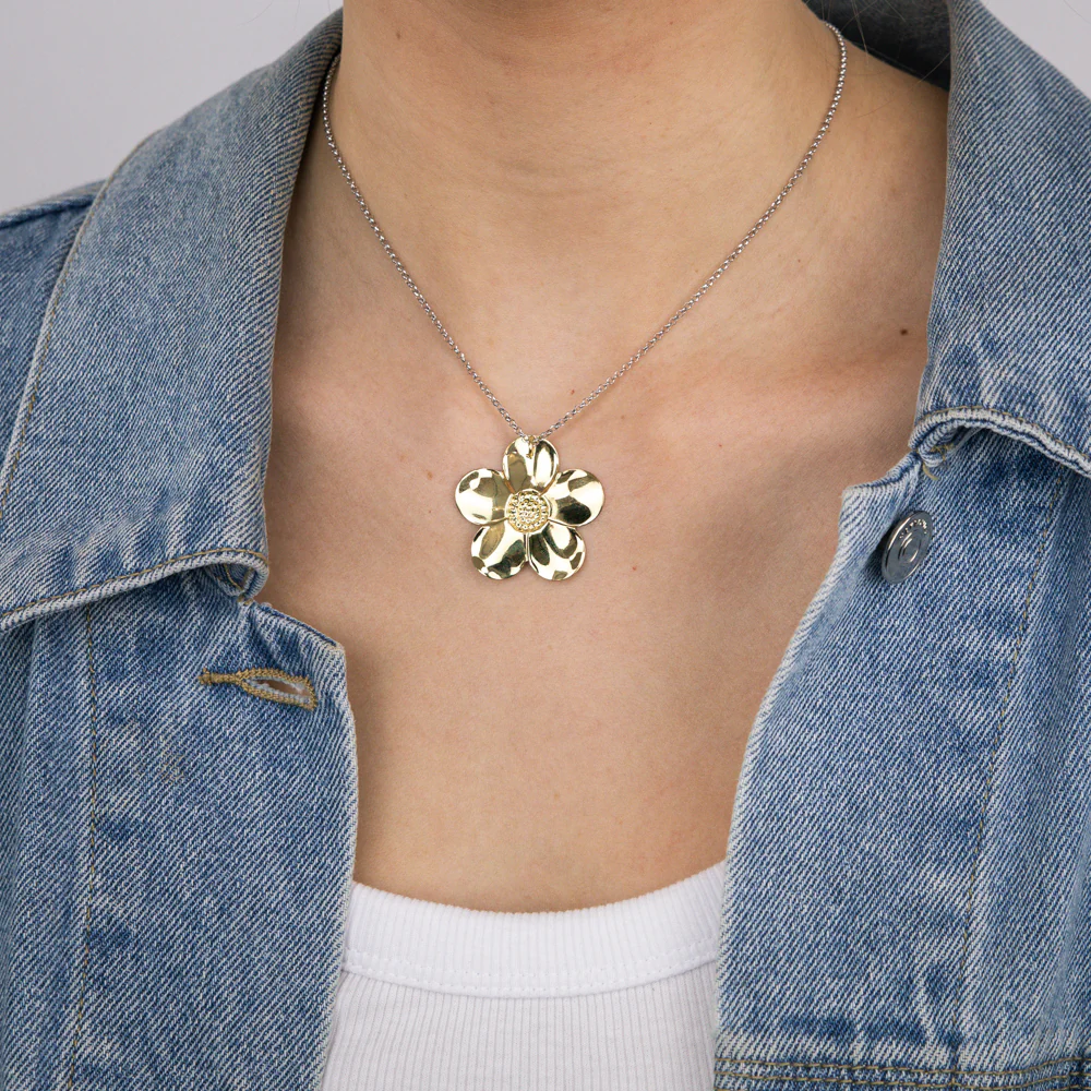 Sterling Silver Gold Plated Cubic Zirconia Flower Pendant on 40+5cm Silver Chain - Image 2