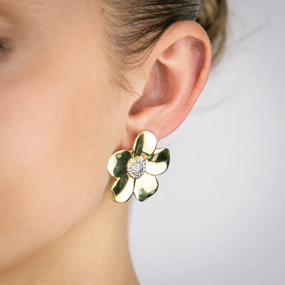 Sterling Silver Gold Plated Cubic Zirconia Flower Stud Earrings - Image 2