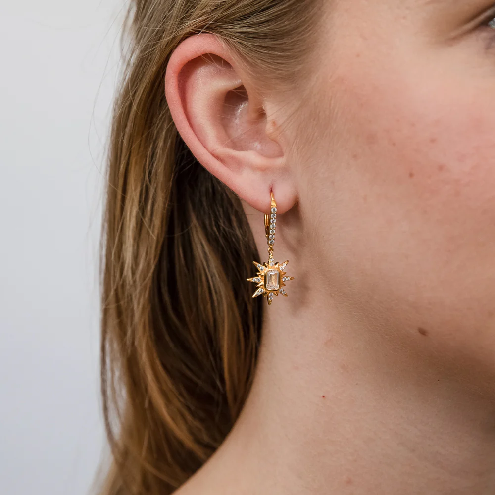 Sterling Silver Gold Plated Cubic Zirconia On Star Drop Earrings - Image 2