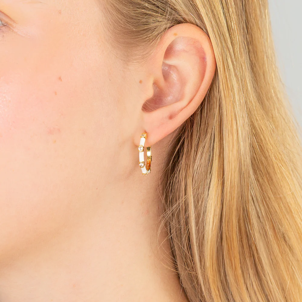 Sterling Silver Gold Plated Cubic Zirconia White Enamel Creole Earrings - Image 2