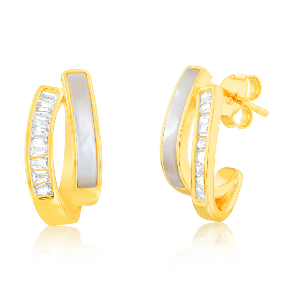 Sterling Silver Gold Plated Cubic Zirconia White Shell Pearl Half Hoop Earrings