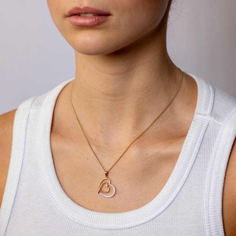 Sterling Silver Gold Plated CZ Double Heart Pendant - Image 2