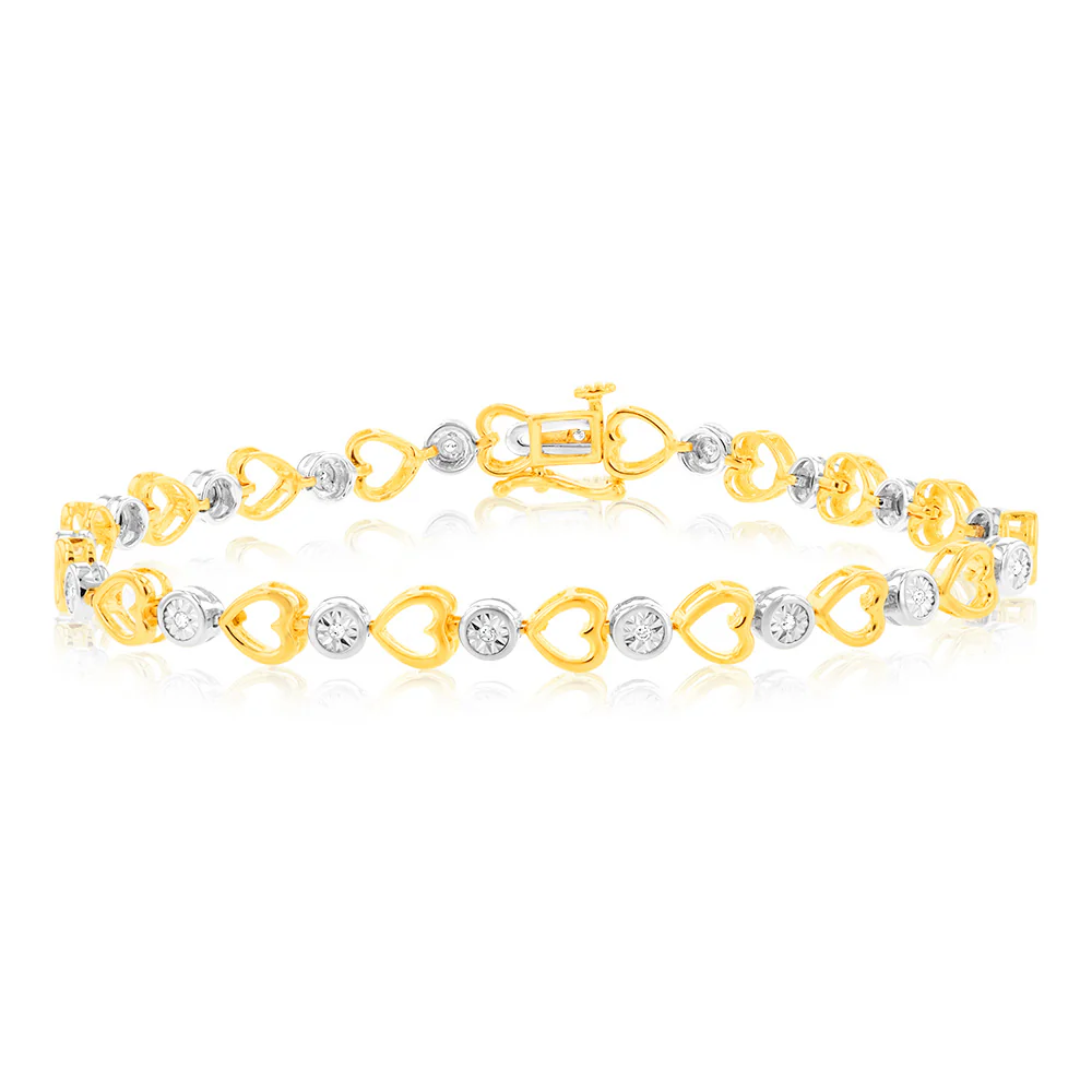 Sterling Silver Gold Plated Diamond Bracelet with Heart Design