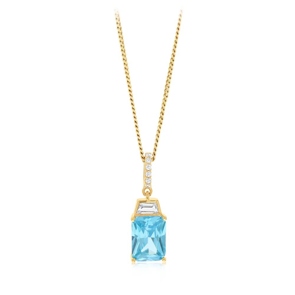Sterling Silver Gold Plated Elongated Blue CZ Pendant