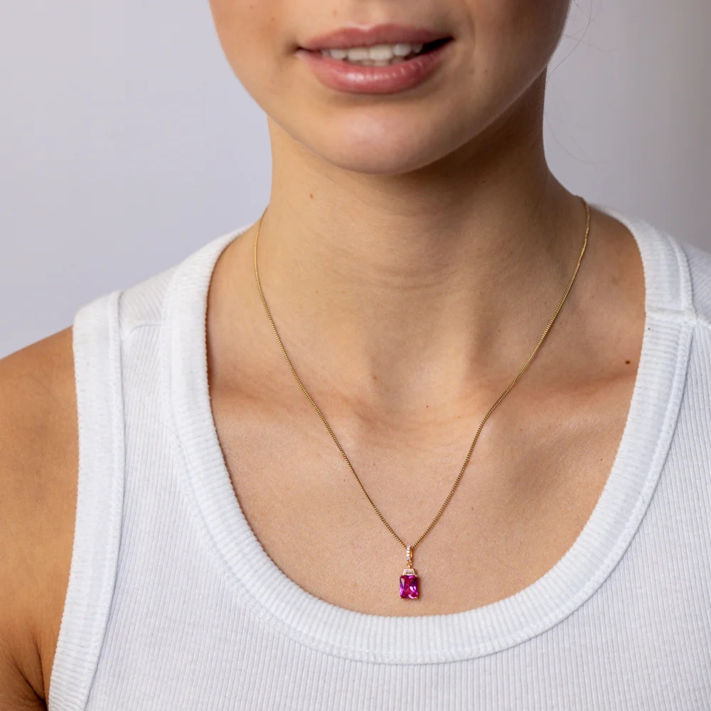 Sterling Silver Gold Plated Elongated Red Corundum and White CZ Pendant - Image 2