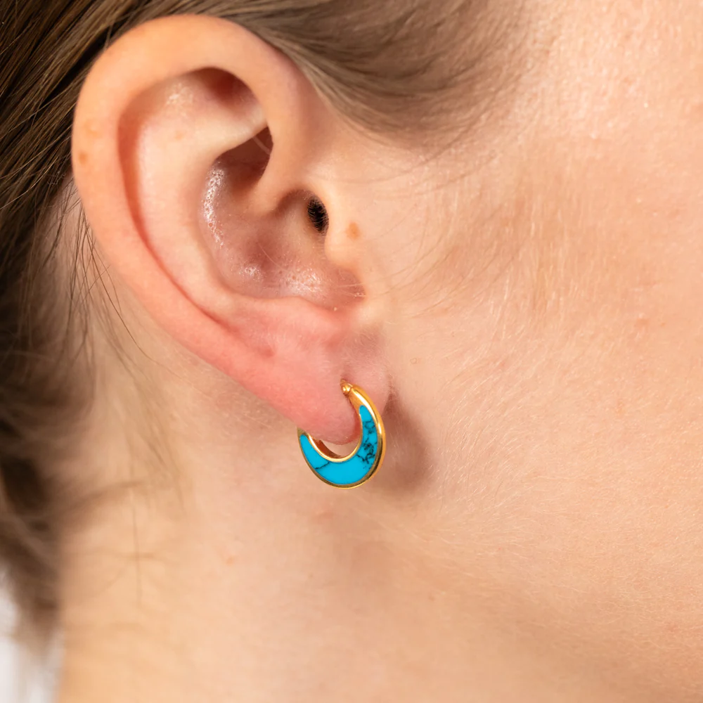 Sterling Silver Gold Plated Fancy Natural Turquoise Hoop Earrings - Image 2