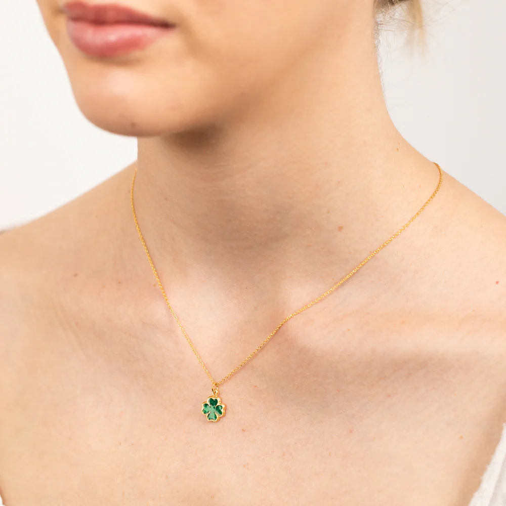 Sterling Silver Gold Plated Four Leaf Green Enamel Flower Pendant On Chain - Image 2