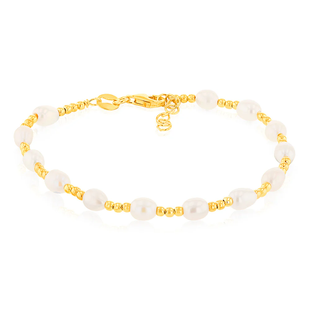 Sterling Silver Gold Plated Fresh Water Pearl And Gold Beads 17+2cm Bracelet