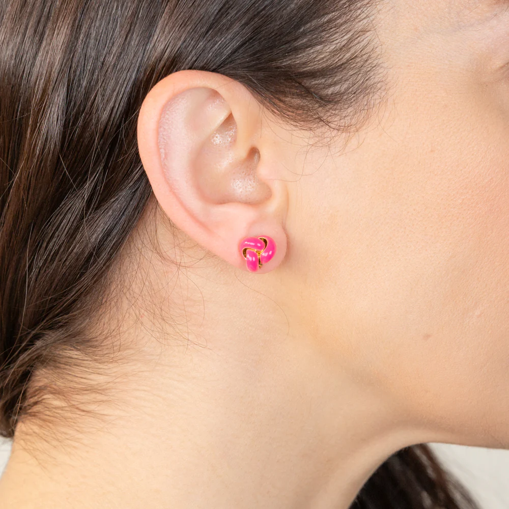 Sterling Silver Gold Plated Fuchsia Enamel Knot Stud Earrings - Image 2