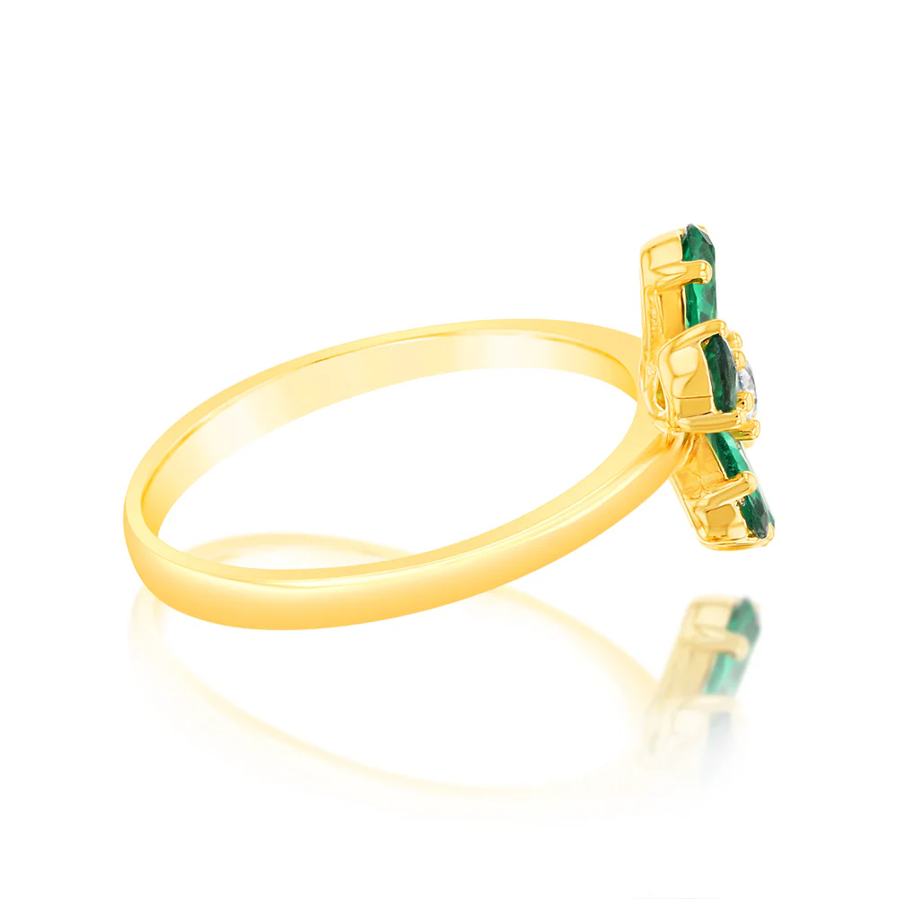 Sterling Silver Gold Plated Green Cubic Zirconia Flower Ring - Image 2