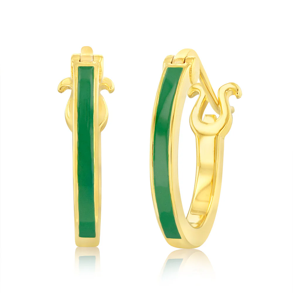 Sterling Silver Gold Plated Green Enamel Hoop Earrings