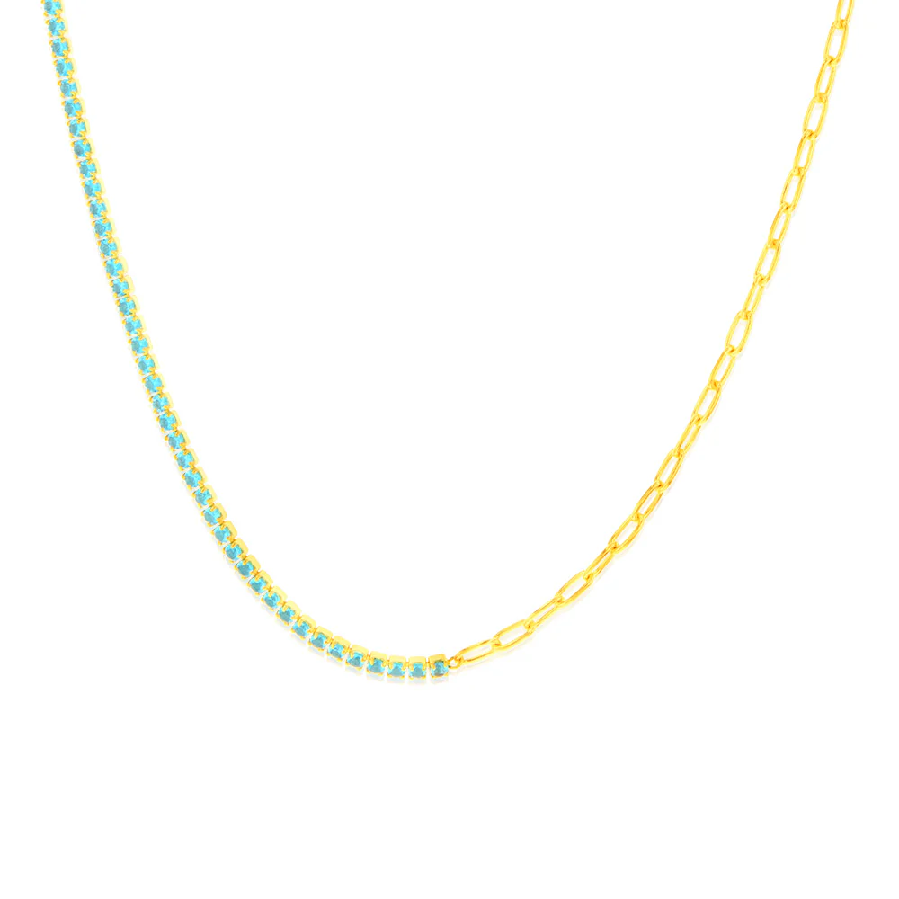 Sterling Silver Gold Plated Greenish Blue Zirconia Paperclip 45.7cm Chain - Image 3