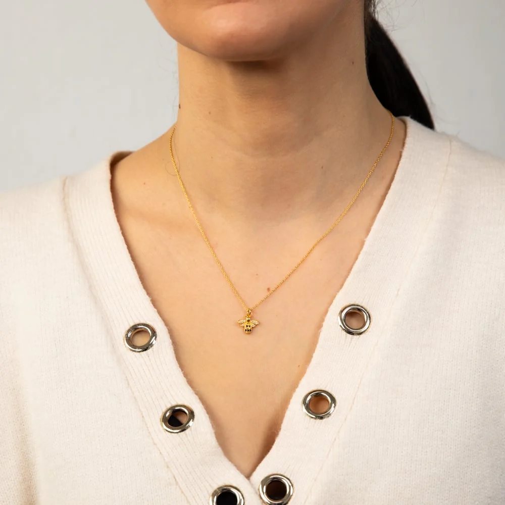 Sterling Silver Gold Plated Honey Bee Black & White Zirconia Pendant With 45cm Chain - Image 2