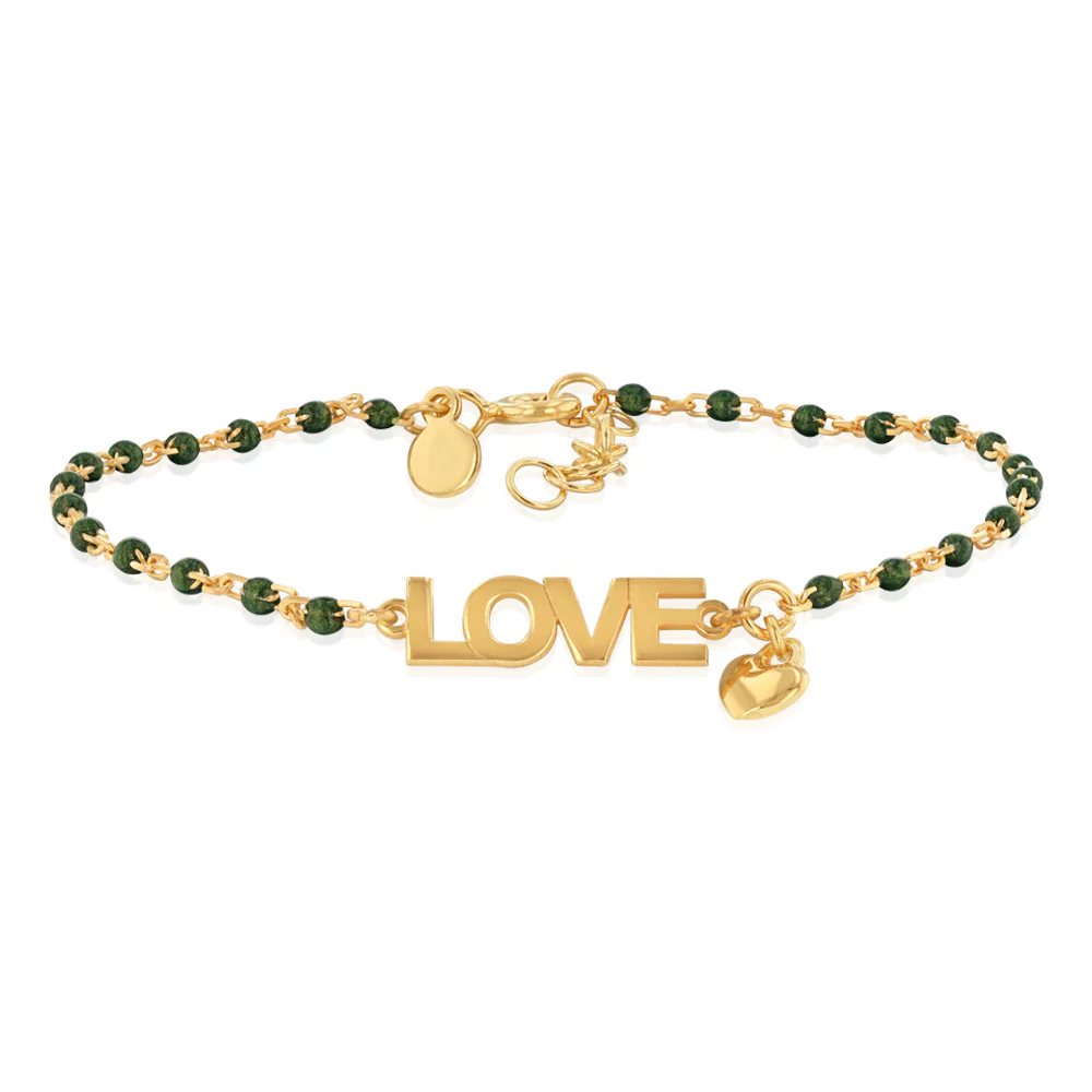 Sterling Silver Gold Plated Love Heart Charm Green Enamel Beads 17+2cm Bracelet